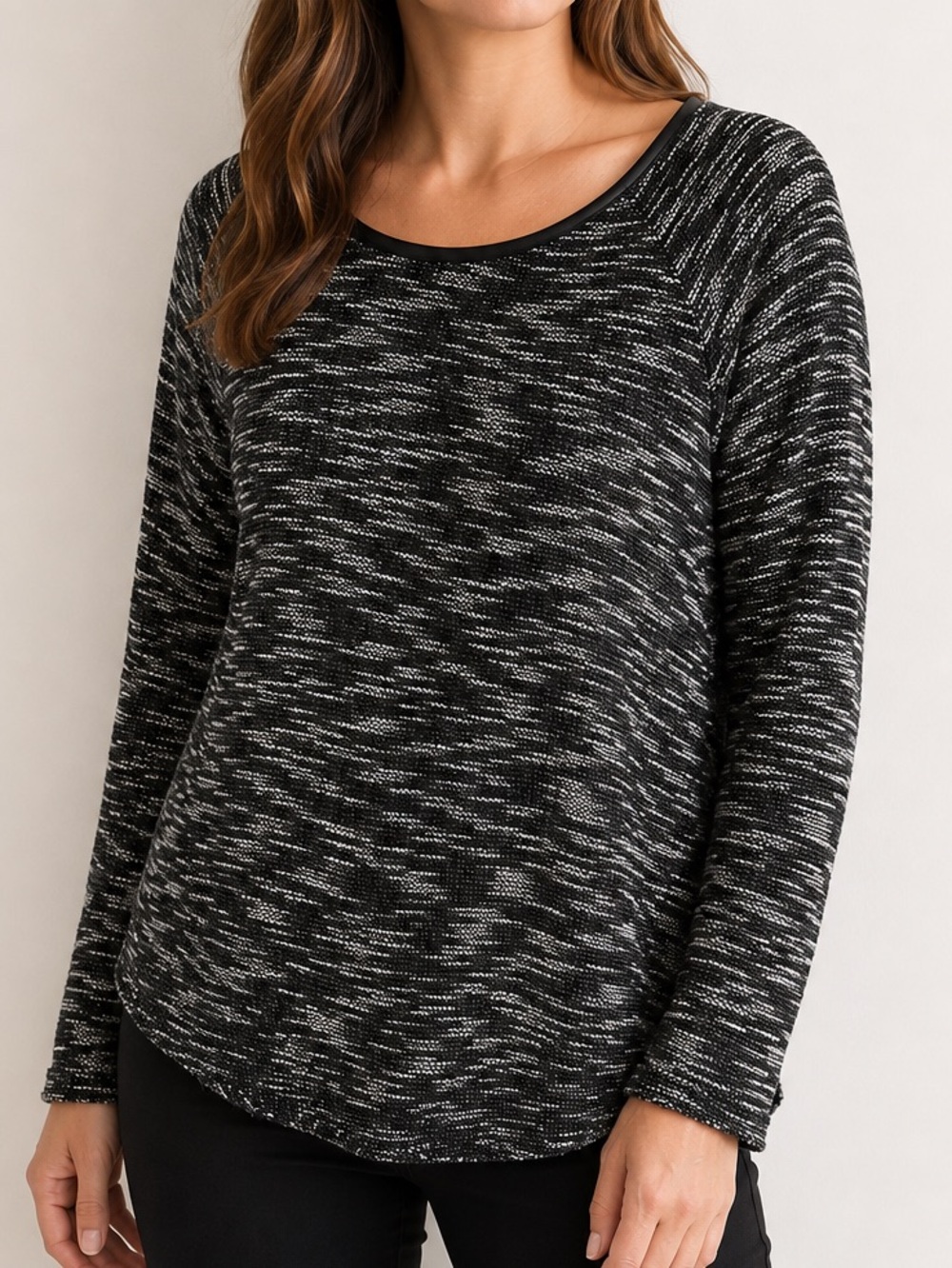 Dex Black White Marled Knit Top Faux Leather Trim Back Zip Size L